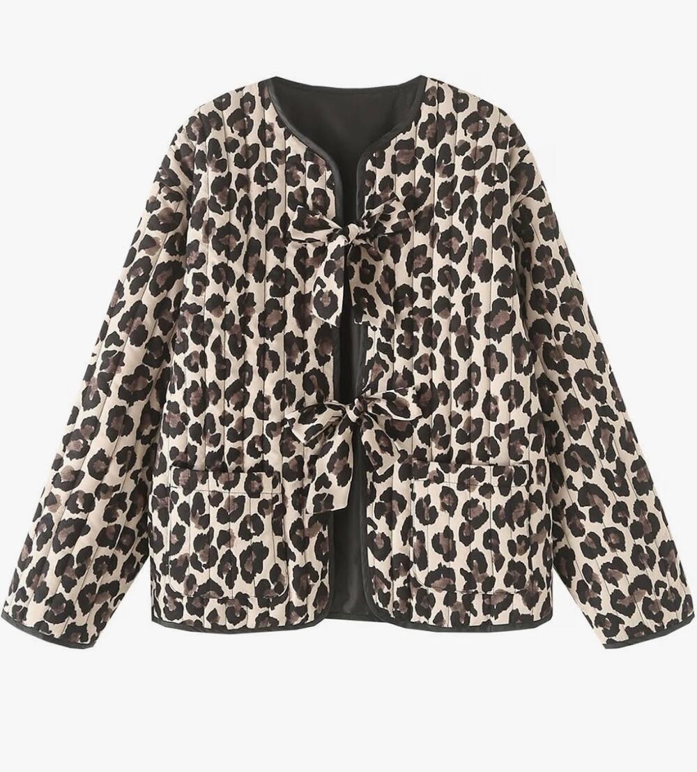Quilted Lightweight Jackets for Women Leopard Print Tie Front Puffer Jacket